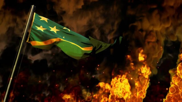 waving Solomon Islands flag on burning fire backdrop - catastrophe concept