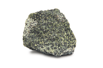 The mineral chromite is gray in color with black inclusions on the surface