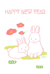 2023 Rabbit Year Simple and pastel cute New Year's card hand-drawn illustration / 2023年 うさぎ 卯年 シンプルでパステルカラーのかわいい年賀状 手描きイラスト