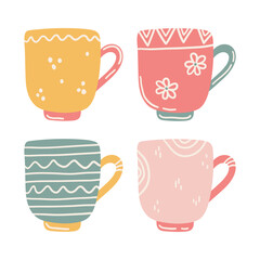 Set of hand drawn cute colored cups isolated on a white background. Doodle, simple flat illustration. It can be used for decoration of textile, paper and other surfaces.