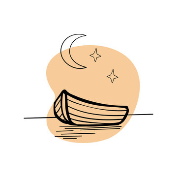 
boat on the water under the night sky hand drawn icon contour on the white backround