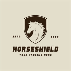 horse of shield logo vector vintage illustration template icon graphic design. animal and wildlife sign or symbol for stallion and knight concept with retro style