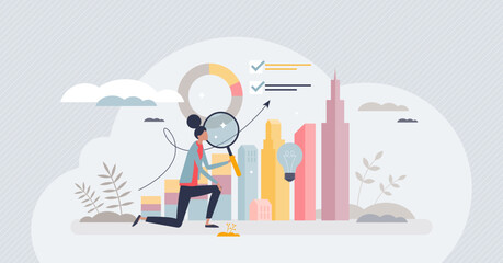 Real estate studying and knowledge about apartment market tiny person concept. Investment in house property and mortgage deals understanding prices and process vector illustration. Broker sales work.