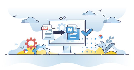 Naklejka premium PDF to word converter software tool to change extension outline concept. File format edit process with application or online website vector illustration. Document style conversion to digital doc file