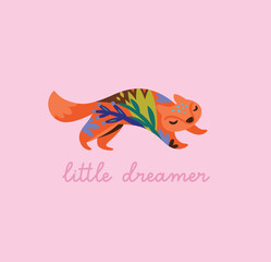 Sweet orange running fox character with flower inside. Vector illustration