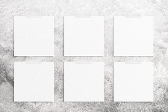 Composition Of 6 White Square Watercolor Sheets Of Paper Glued With Scotch Taped On A Concrete Background. Advertising Board, Poster Mockup On The Wall For Your Design. Flat Lay, Top View, Copy Space