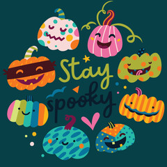 Stay spooky. Funny Halloween pumpkin faces in various colours, stripes and dots in cartoon style. 
