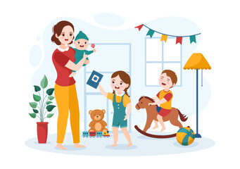 Obraz premium Babysitter or Nanny Services to Care for Provide for Baby Needs and Play with Children on Flat Cartoon Hand Drawn Template Illustration