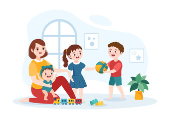 Obraz premium Babysitter or Nanny Services to Care for Provide for Baby Needs and Play with Children on Flat Cartoon Hand Drawn Template Illustration