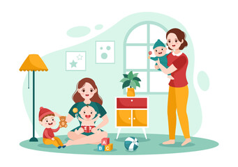 Babysitter or Nanny Services to Care for Provide for Baby Needs and Play with Children on Flat Cartoon Hand Drawn Template Illustration