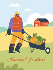 Harvest festival banner or poster mockup with farmer flat vector illustration.