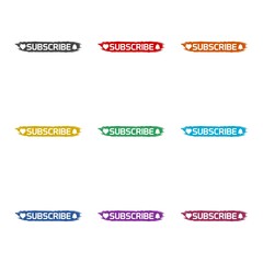 Subscribe Bar with Bell and heart icon isolated on white background. Set icons colorful