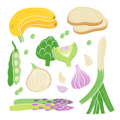 Prebiotic products, sources of these bacteria, nutrient rich food. Flat vector illustration of soy beans asparagus onion banana garlic artichoke. Vegetables and fruit for gut health.