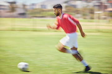 Soccer player, running and soccer ball man park training on grass pitch, sports competition or...