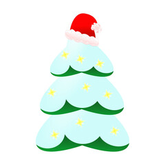 Christmas tree in snow and Santa Claus hat. New Year's illustration on a white background for festive design.