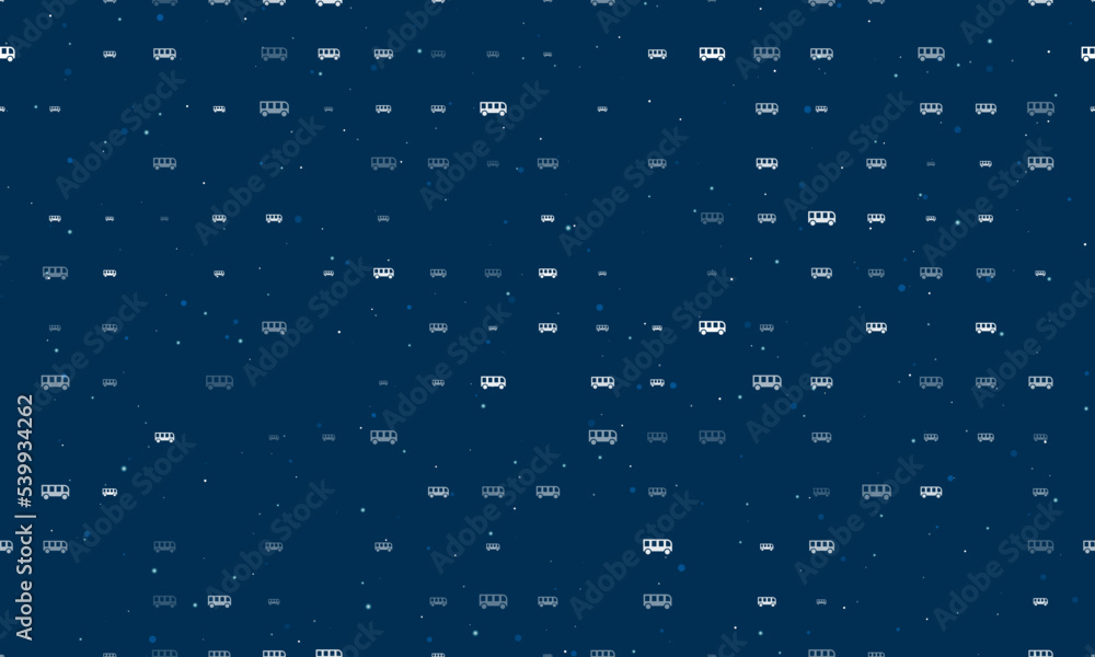Poster seamless background pattern of evenly spaced white bus symbols of different sizes and opacity. vecto