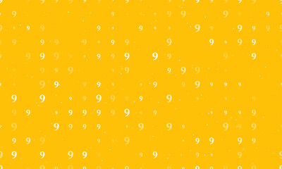 Seamless background pattern of evenly spaced white number nine symbols of different sizes and opacity. Vector illustration on amber background with stars