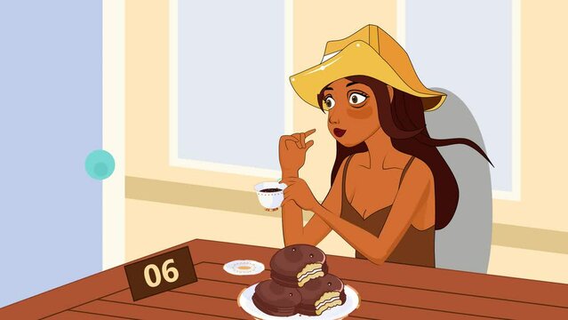 A lady drinking coffee with brownies