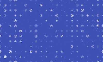 Seamless background pattern of evenly spaced white no left turn signs of different sizes and opacity. Vector illustration on indigo background with stars