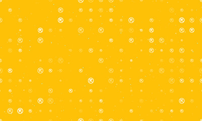Seamless background pattern of evenly spaced white no right turn signs of different sizes and opacity. Vector illustration on amber background with stars