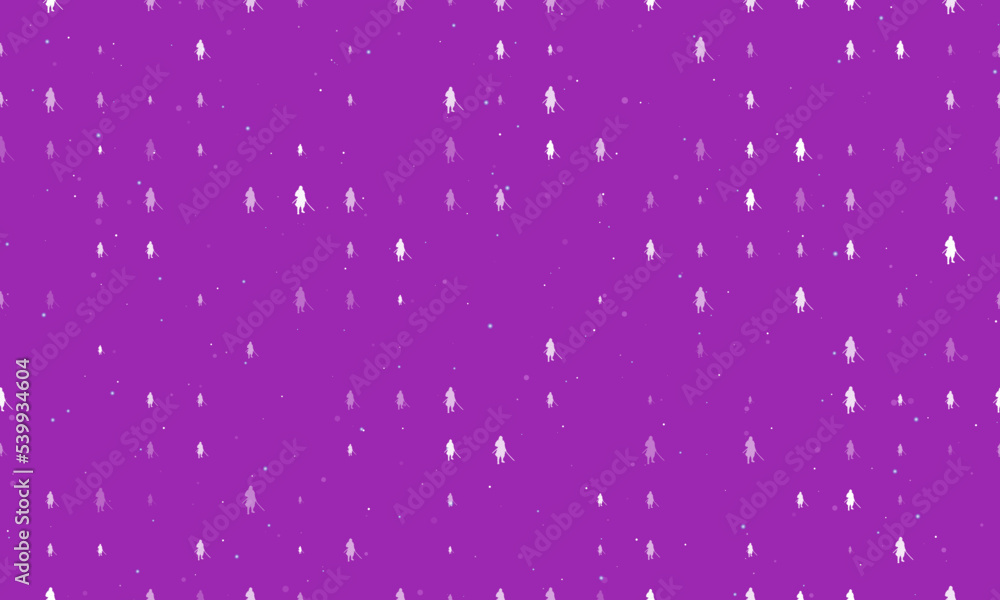 Poster Seamless background pattern of evenly spaced white samurai symbols of different sizes and opacity. Vector illustration on purple background with stars