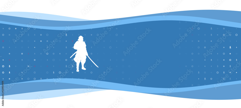 Poster blue wavy banner with a white samurai symbol on the left. on the background there are small white sh