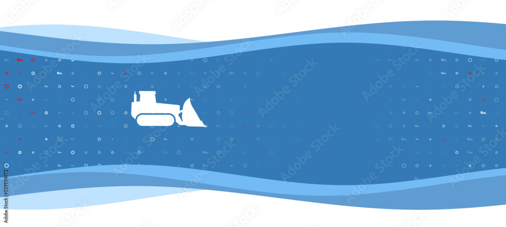 Poster Blue wavy banner with a white bulldozer symbol on the left. On the background there are small white shapes, some are highlighted in red. There is an empty space for text on the right side