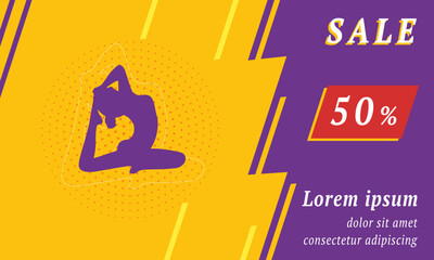 Sale promotion banner with place for your text. On the left is the yoga stretching pose symbol. Promotional text with discount percentage on the right side. Vector illustration on yellow background
