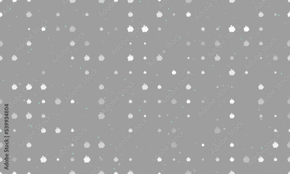Poster seamless background pattern of evenly spaced white piggy bank symbols of different sizes and opacity