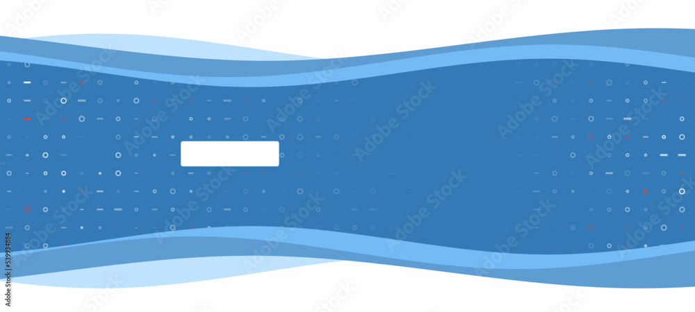 Poster blue wavy banner with a white minus symbol on the left. on the background there are small white shap