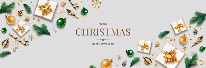Horizontal banner with gold Christmas symbols and text. Christmas tree, gift, golden tinsel confetti and snowflakes on light background. Header for website template.
