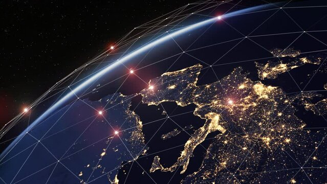 Digital Grid Over the Earth at Night. Beautiful Night Cities View from Space Satellite. Futuristic Abstract Network Growing Covering Planet. Modern Business Technology Concept. 4k Ultra HD 3840x2160