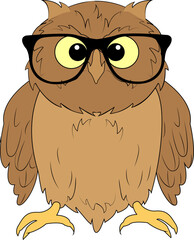 Wise owl with glasses. Predatory bird. Symbol of the night forest.