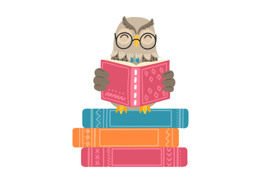 Owl reads book sitting on stack of books. Children illustration, literature, storytime, education concept. 