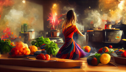 A beautiful woman cook is preparing an amazing dish in her kitchen. Cooking is her passion, she loves colorful vegetables, tasty fruits and green herbs. House is welcoming and cozy. Dance, fireworks