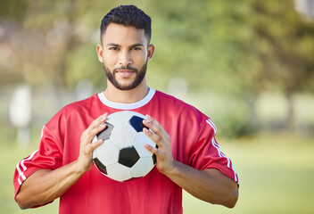 Sports, motivation and portrait of soccer player confident for game, match competition or fitness...