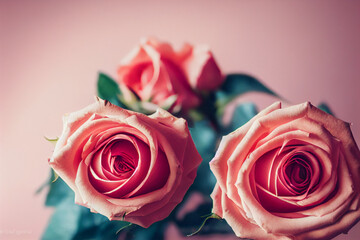 Photography of a a bunch of Pink Red Roses on a pink pastel background