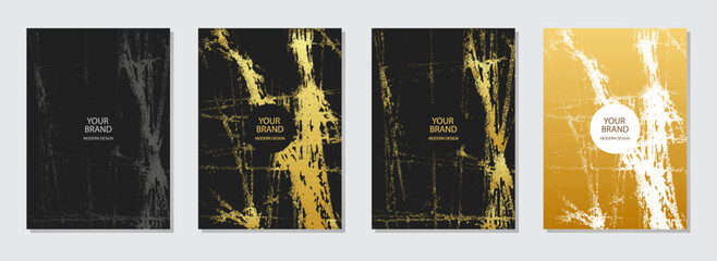 Cover design vector set. Black background, golden texture. Geometric abstract pattern with cracks. Unique grunge collection. Vertical templates.