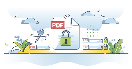 Unlock PDF format and edit locked text file with software tool outline concept. Digital document encryption and safe information editing application vector illustration. Open blocked spreadsheet file.