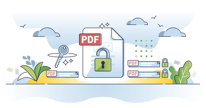 Unlock PDF format and edit locked text file with software tool outline concept. Digital document encryption and safe information editing application vector illustration. Open blocked spreadsheet file.