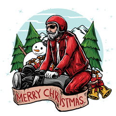 santa clause riding a motorcycle in the winter season vector illustration