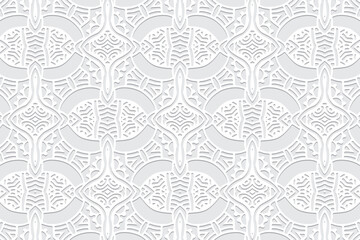 Fototapeta premium Embossed white background, ethnic cover design. Press paper, boho style with handmade elements. Tribal geometric 3d pattern, elegant texture of East, Asia, India, Mexico, Aztec, Peru.