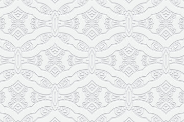 Embossed white background, ethnic cover design. Press paper, boho style with handmade elements. Tribal geometric 3d pattern, decorative texture of East, Asia, India, Mexico, Aztec, Peru.