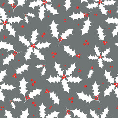 Seamless Christmas pattern. holly on a gray background. vector texture. fashionable print for textiles and packaging.