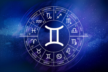 Gemini zodiac sign. Abstract night sky background. Gemini icon on blue space background