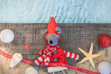Concept de fêtes de Noël avec des coquillages et une étoile de mer au bord d'une piscine....
