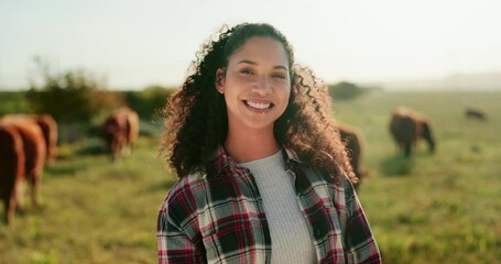 Cow, happy and woman farmer on a cattle farm harvesting organic cows meat protein in the countryside of Medellin. Agriculture, smile and young girl farming grass land, animals and dairy livestock - Powered by Adobe