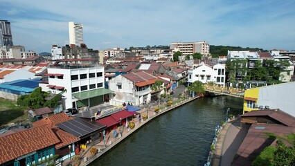 Fototapeta na wymiar Malacca, Malaysia - October 16, 2022: Aerial View of the Malacca River Cruise