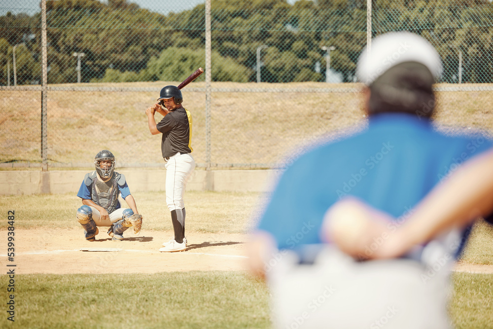 Poster Team, baseball and pitch in sports game for exercise, collaboration and player with bat ready to hit ball. Teamwork, fitness and athletes on baseball field for training, practice or softball match