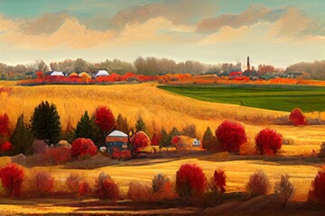 Autumn background illustration. Fall backdrop. Colors of Autumn leaves. Cartoon and painting. Forest and fields in fall. Great as background illustration for your website or art project.
